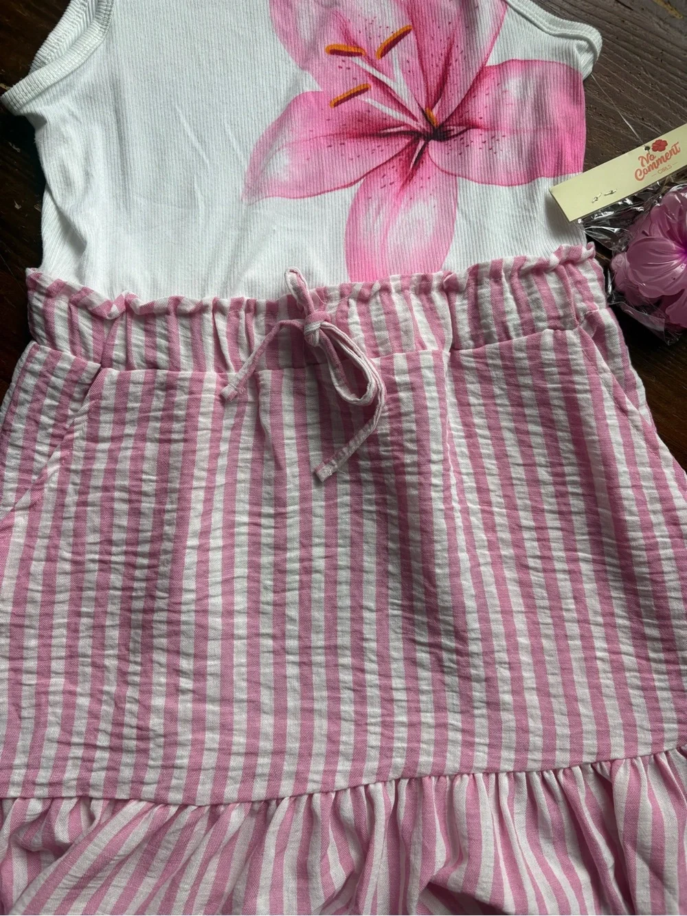 Pink Floral Tank Dress with Gingham Skirt for Kids
